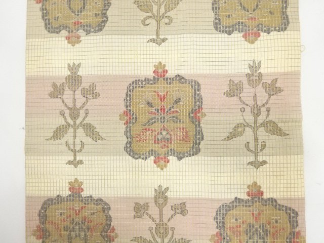  アンティーク　横段に花更紗模様織り出し袋帯（材料）